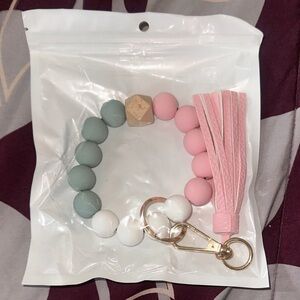 Pink and Gray Beaded Keychain Bracelet with Tassel